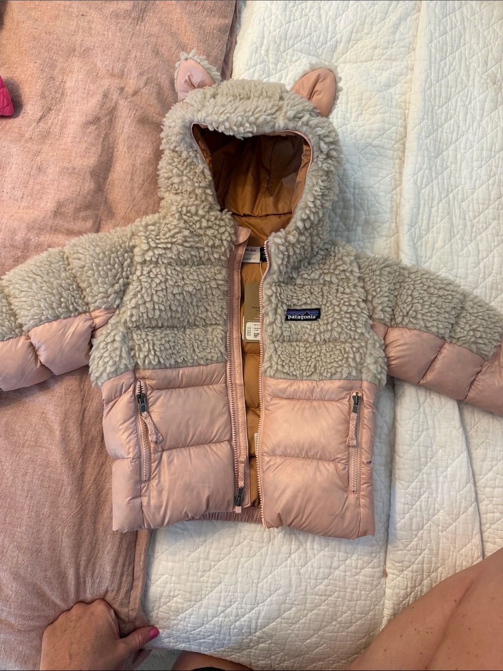 Patagonia Kids Sherpa Hooded Puffer Jacket in Pink and Cream